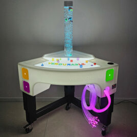 Table sensorielle lumineuse Sensobac avec colonne à bulles, fibres optiques et plateau LED rétroéclairé.