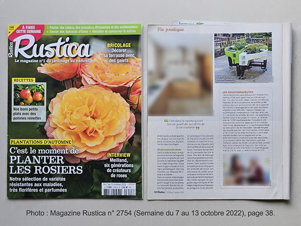 Exemplaire du magazine Rustica n° 2754 et sa page 38 avec la jardinière ergonomique.