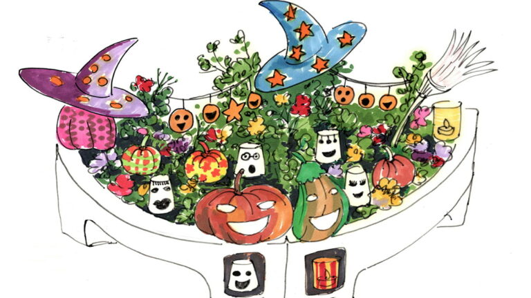 Croquis original d'un jardin Halloween par Verdurable sur jardinière Hortense