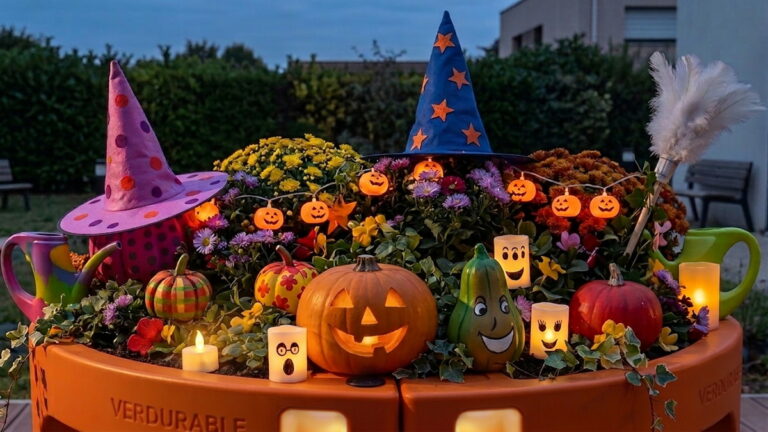 Rendu photo IA Gemini d'un jardin Halloween dans une jardinière ergonomique Hortense