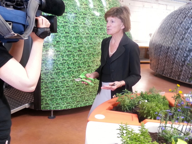 La ministre Michèle Delaunay en interview devant la caméra, tenant un sécateur à côté de jardinières ergonomiques.